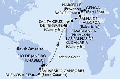 Argentína, Brazília, Španielsko, Maroko, Francúzsko, Taliansko z Buenos Aires na lodi MSC Fantasia