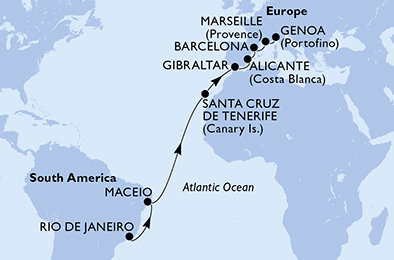 Brazília, Španielsko, Gibraltár, Francúzsko, Taliansko z Rio de Janeira na lodi MSC Seaview