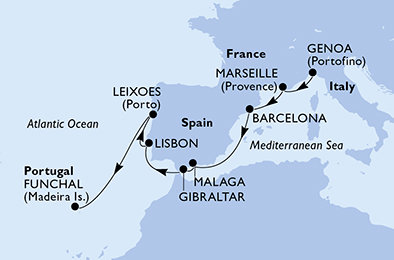 Taliansko, Francúzsko, Španielsko, Gibraltár, Portugalsko, Madeira z Janova na lodi MSC Musica
