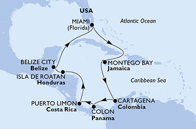 USA, Jamajka, Kolumbia, Panama, Kostarika, Honduras, Belize z Miami na lodi MSC Poesia