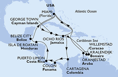 USA, Kajmanské ostrovy, Jamajka, Curacao, Bonaire, Aruba, Kolumbia, Panama, Kostarika, Honduras, Belize z Miami na lodi MSC Poesia