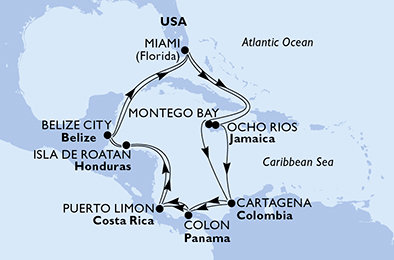 USA, Jamajka, Kolumbia, Panama, Kostarika, Honduras, Belize z Miami na lodi MSC Poesia