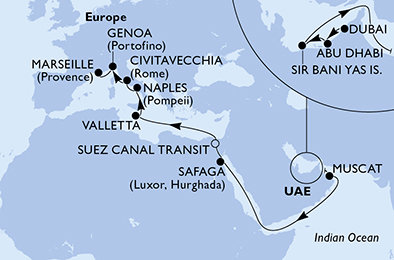 Spojené arabské emiráty, Omán, Egypt, Malta, Taliansko, Francúzsko z Dubaja na lodi MSC World Europa