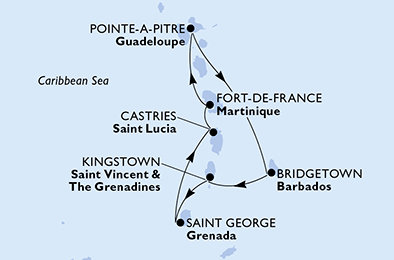 Guadeloupe, Barbados, Svätý Vincent a Grenadiny, Grenada, Svätá Lucia, Martinik z Pointe-à-Pitre na lodi MSC Seaview