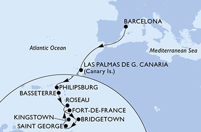 Španielsko, Svatý Martin, Svätý Krištof a Nevis, Dominika, Barbados, Grenada, Svätý Vincent a Grenadiny, Martinik z Barcelony na lodi MSC Seaview