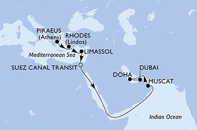 Grécko, Cyprus, Egypt, Omán, Katar, Spojené arabské emiráty z Pireusu na lodi MSC World Europa