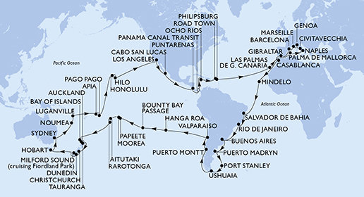 Taliansko, Francúzsko, Španielsko, Gibraltár, Maroko, Kapverdy, Brazília, Argentína, Zámořské území Velké Británie, Chile, Francouzská Polynésie, Cookovy ostrovy, Nový Zéland, Austrália, Nová Kaledonie, Vanuatská republika, Samoa, Americká Samoa, USA, Mexiko, Kostarika, Panama, Jamajka, Britské Panenské ostrovy, Svatý Martin z Civitavechie na lodi MSC Magnifica