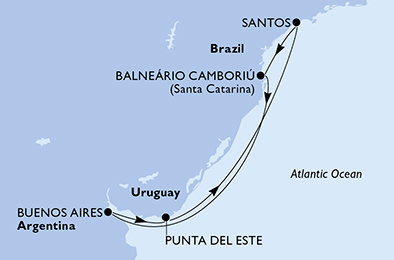 Brazília, Argentína, Uruguaj zo Santosu na lodi MSC Preziosa