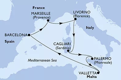 Španielsko, Francúzsko, Taliansko, Malta z Barcelony na lodi MSC Splendida