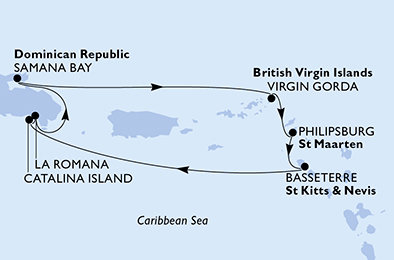 Dominikánska republika, Veľká Británia, Svatý Martin, Svätý Krištof a Nevis z La Romany na lodi MSC Opera
