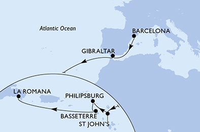 Španielsko, Gibraltár, Antigua a Barbuda, Svatý Martin, Svätý Krištof a Nevis, Dominikánska republika z Barcelony na lodi MSC Opera