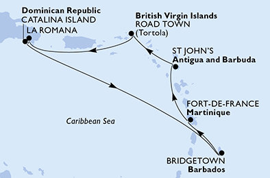 Dominikánska republika, Barbados, Martinik, Antigua a Barbuda, Britské Panenské ostrovy z La Romany na lodi MSC Opera
