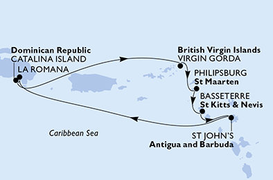 Dominikánska republika, Veľká Británia, Svatý Martin, Svätý Krištof a Nevis, Antigua a Barbuda z La Romany na lodi MSC Opera