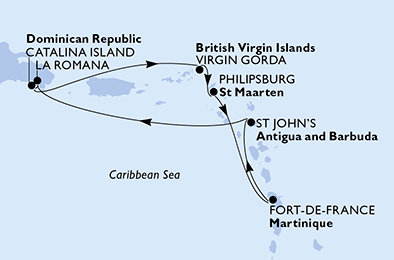 Dominikánska republika, Veľká Británia, Svatý Martin, Martinik, Antigua a Barbuda z La Romany na lodi MSC Opera
