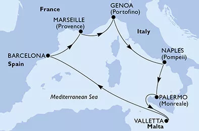 Francúzsko, Taliansko, Malta, Španielsko z Marseille na lodi MSC Seaview