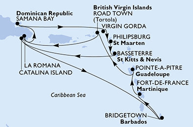 Barbados, Martinik, Guadeloupe, Britské Panenské ostrovy, Dominikánska republika, Veľká Británia, Svatý Martin, Svätý Krištof a Nevis z Bridgetownu na lodi MSC Opera