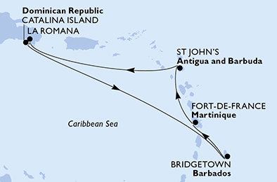 Martinik, Antigua a Barbuda, Dominikánska republika, Barbados z Fort de France, Martinik na lodi MSC Opera