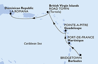 Barbados, Martinik, Guadeloupe, Britské Panenské ostrovy, Dominikánska republika z Bridgetownu na lodi MSC Opera