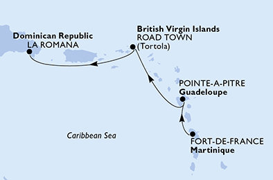 Martinik, Guadeloupe, Britské Panenské ostrovy, Dominikánska republika z Fort de France na lodi MSC Opera