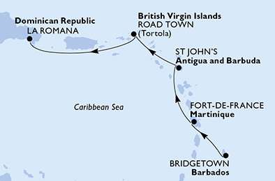 Barbados, Martinik, Antigua a Barbuda, Britské Panenské ostrovy, Dominikánska republika z Bridgetownu na lodi MSC Opera