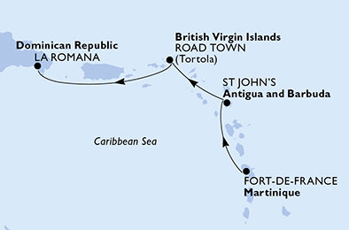 Martinik, Antigua a Barbuda, Britské Panenské ostrovy, Dominikánska republika z Fort de France na lodi MSC Opera