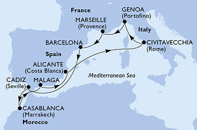 Taliansko, Francúzsko, Španielsko, Maroko z Civitavechie na lodi MSC Magnifica