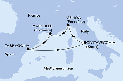 Tarragona, Taliansko, Francúzsko z Tarragony na lodi MSC Magnifica