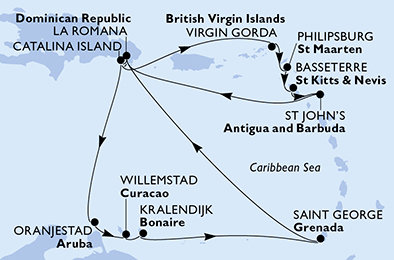 Dominikánska republika, Aruba, Curacao, Bonaire, Grenada, Veľká Británia, Svatý Martin, Svätý Krištof a Nevis, Antigua a Barbuda z La Romany na lodi MSC Opera