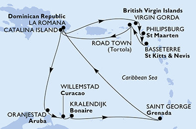 Dominikánska republika, Veľká Británia, Svatý Martin, Svätý Krištof a Nevis, Britské Panenské ostrovy, Aruba, Curacao, Bonaire, Grenada z La Romany na lodi MSC Opera