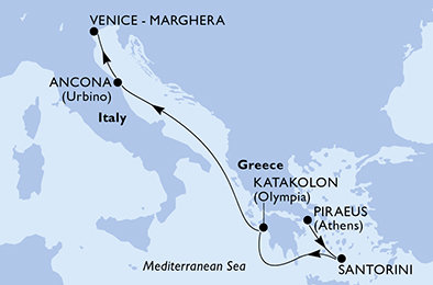Grécko, Taliansko z Pireusu na lodi MSC Lirica