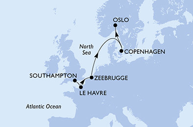 Veľká Británia, Francúzsko, Belgicko, Dánsko, Nórsko zo Southamptonu na lodi MSC Preziosa