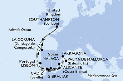 Veľká Británia, Portugalsko, Španielsko, Tarragona, Gibraltár zo Southamptonu na lodi MSC Virtuosa