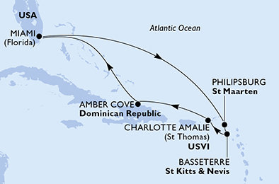 USA, Svatý Martin, Svätý Krištof a Nevis, Dominikánska republika z Miami na lodi MSC Meraviglia