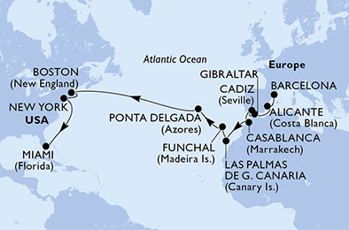 Španielsko, Gibraltár, Maroko, Portugalsko, USA z Barcelony na lodi MSC Meraviglia