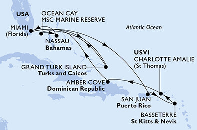 USA, Svätý Krištof a Nevis, Dominikánska republika, Veľká Británia, Bahamy z Miami na lodi MSC Meraviglia