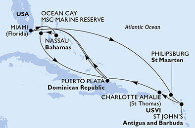 USA, Svatý Martin, Antigua a Barbuda, Dominikánska republika, Bahamy z Miami na lodi MSC Meraviglia