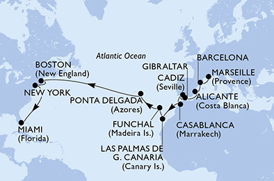Francúzsko, Španielsko, Gibraltár, Maroko, , Madeira, Portugalsko, USA z Marseille na lodi MSC Meraviglia