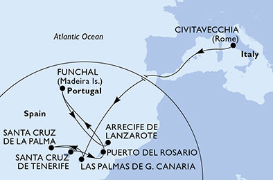 Taliansko, Španielsko, Portugalsko, z Lanzarote z Civitavechie na lodi MSC Fantasia