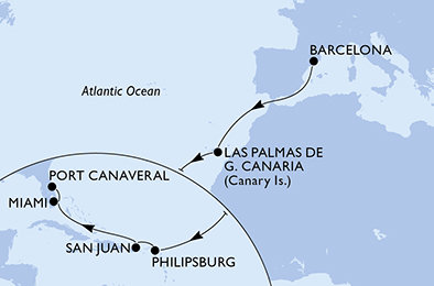 Španielsko, Svatý Martin, USA z Barcelony na lodi MSC Grandiosa