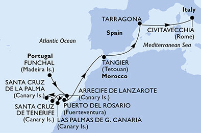Portugalsko, z Lanzarote, Španielsko, Maroko, Tarragona, Taliansko z Funchalu na lodi MSC Fantasia