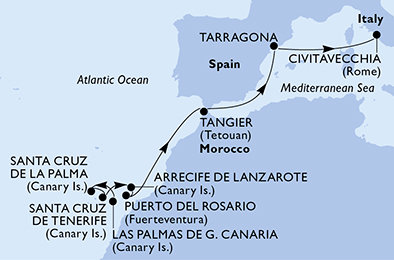 Španielsko, Maroko, Tarragona, Taliansko z Las Palmas na lodi MSC Fantasia