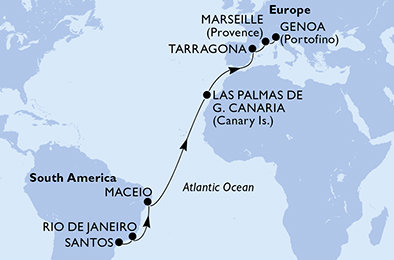 Brazília, Španielsko, Tarragona, Francúzsko, Taliansko zo Santosu na lodi MSC Musica
