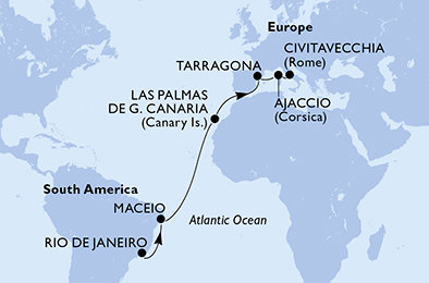 Brazília, Španielsko, Tarragona, Francúzsko, Taliansko z Rio de Janeira na lodi MSC Splendida