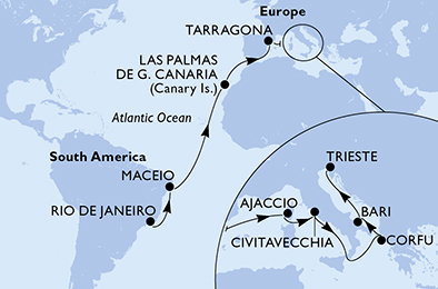 Brazília, Španielsko, Tarragona, Francúzsko, Taliansko, Grécko z Rio de Janeira na lodi MSC Splendida