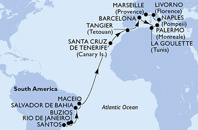 Brazília, Španielsko, Maroko, Tunisko, Taliansko, Francúzsko zo Santosu na lodi MSC Virtuosa