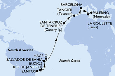 Brazília, Španielsko, Maroko, Tunisko, Taliansko zo Santosu na lodi MSC Virtuosa