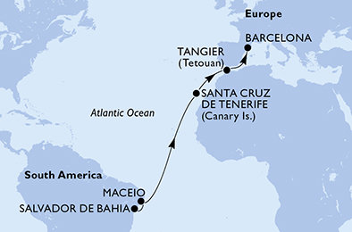 Brazília, Španielsko, Maroko zo Salvadoru na lodi MSC Virtuosa