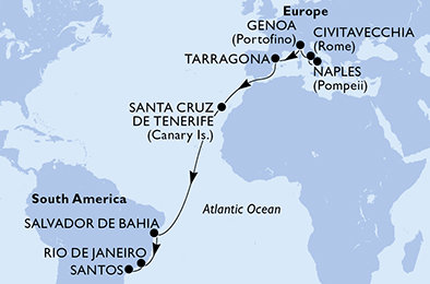 Taliansko, Tarragona, Španielsko, Brazília z Neapolu na lodi MSC Divina