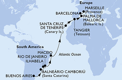 Argentína, Brazília, Španielsko, Maroko, Francúzsko z Buenos Aires na lodi MSC Fantasia
