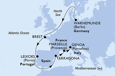 Nemecko, Francie, Portugalsko, Tarragona, Francúzsko, Taliansko z Warnemünde na lodi MSC Magnifica